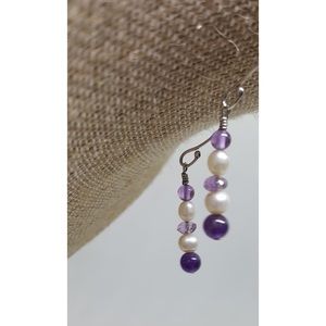 Genuine Pearl & Amethyst Silver Earrings 1" Drop